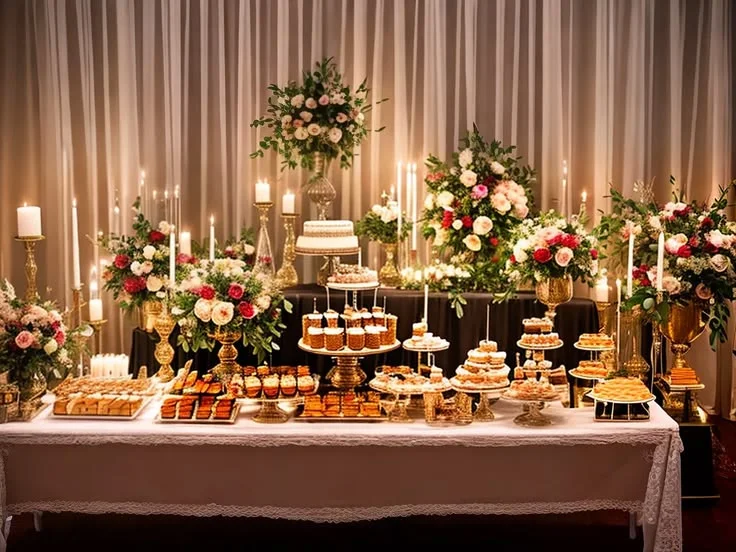 Montaje profesional de mesa de postres con velas y flores