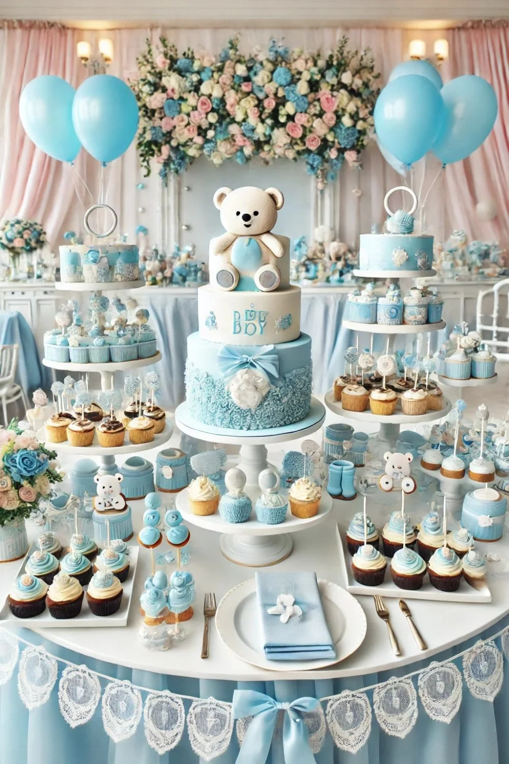 Mesa de postres de baby shower en tendencia