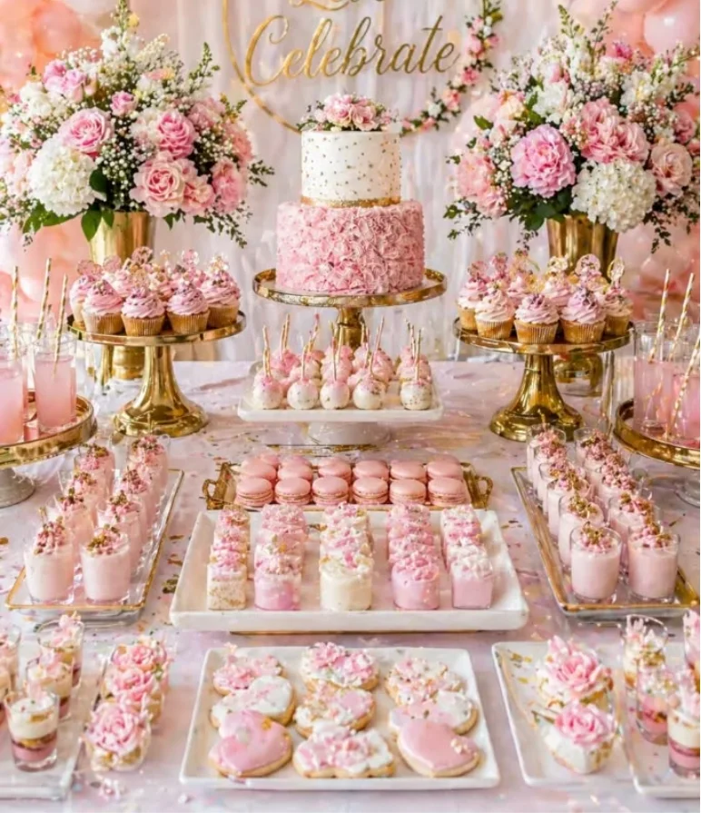 Invitadas fotografiando una mesa de postres elegante en un evento