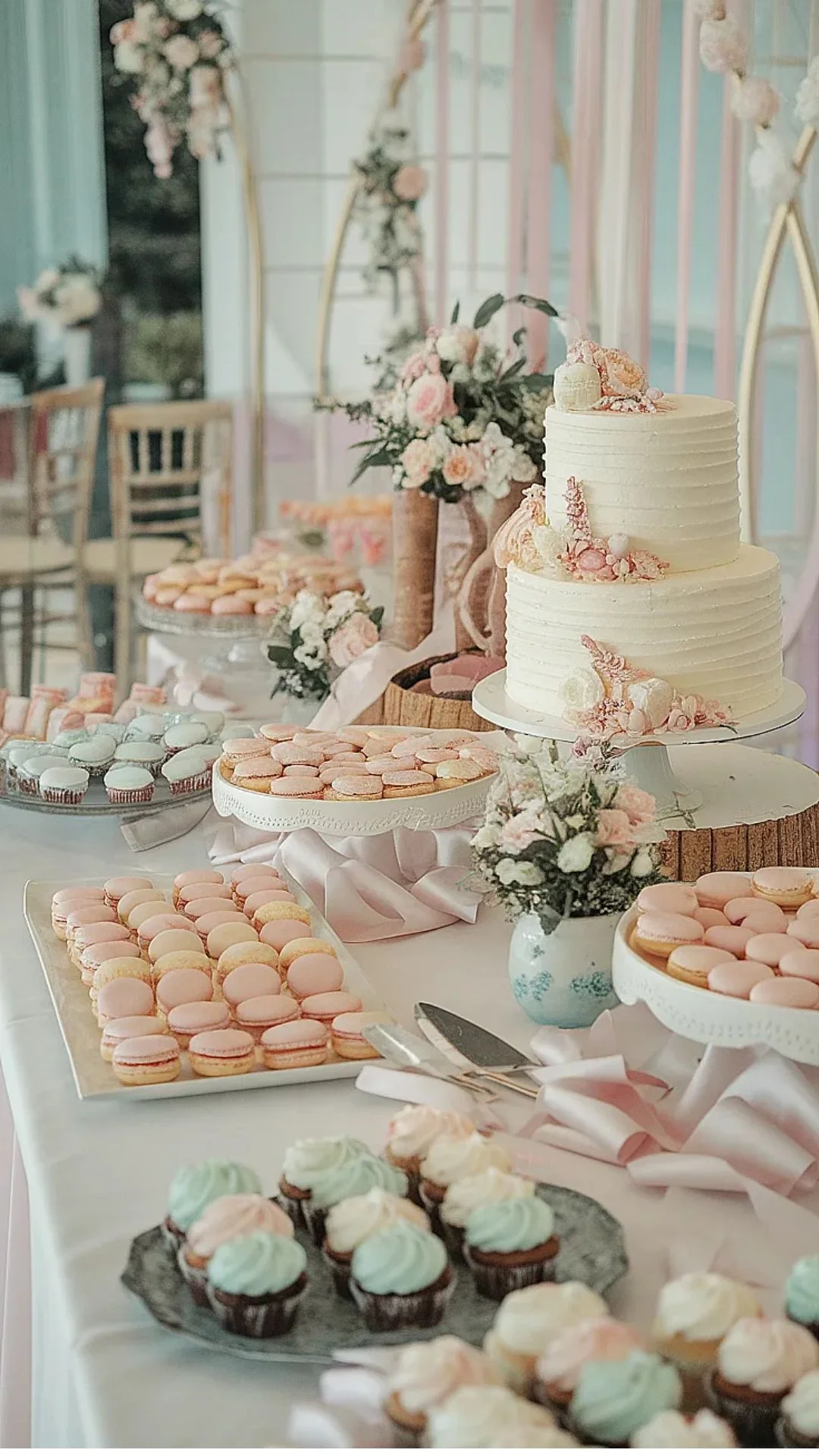 Mesa de postres en tonos rosa y dorado para celebraciones