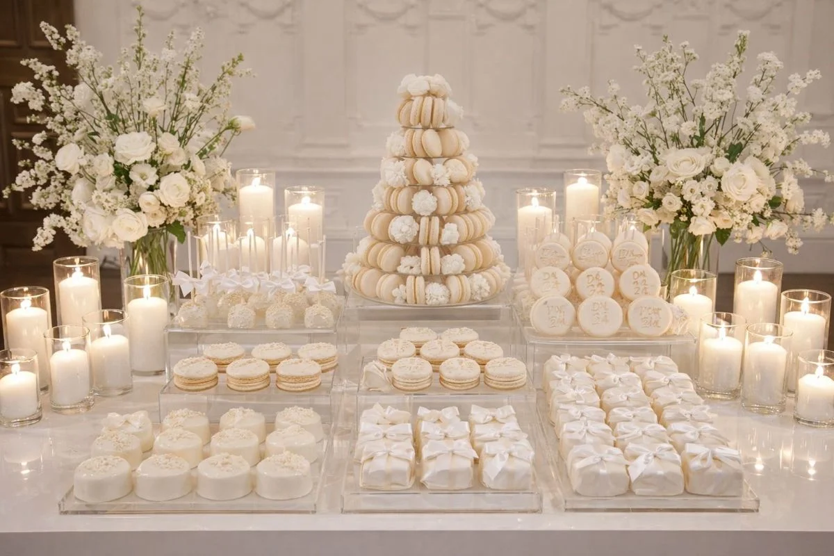 Mesa de postres elegante para bautizo
